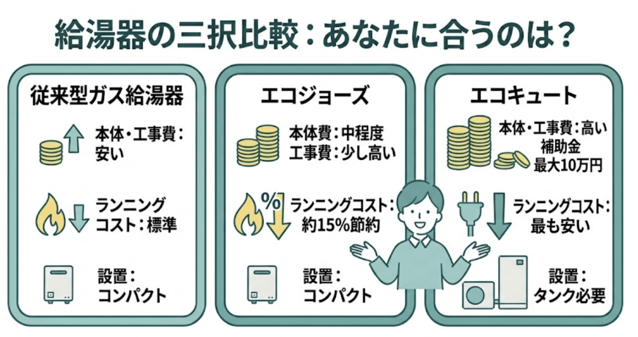 給湯器の三択比較|従来型・エコジョーズ・エコキュートどれを選ぶ?