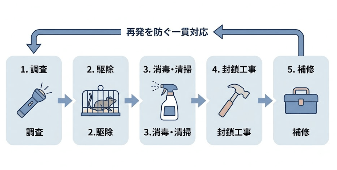 調査・駆除・消毒・封鎖・補修まで一貫対応で再発しにくい
