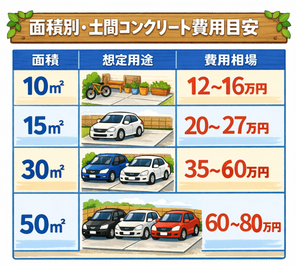 福岡の土間コンクリートの面積別（10㎡／15㎡／30㎡／50㎡）の単価相場