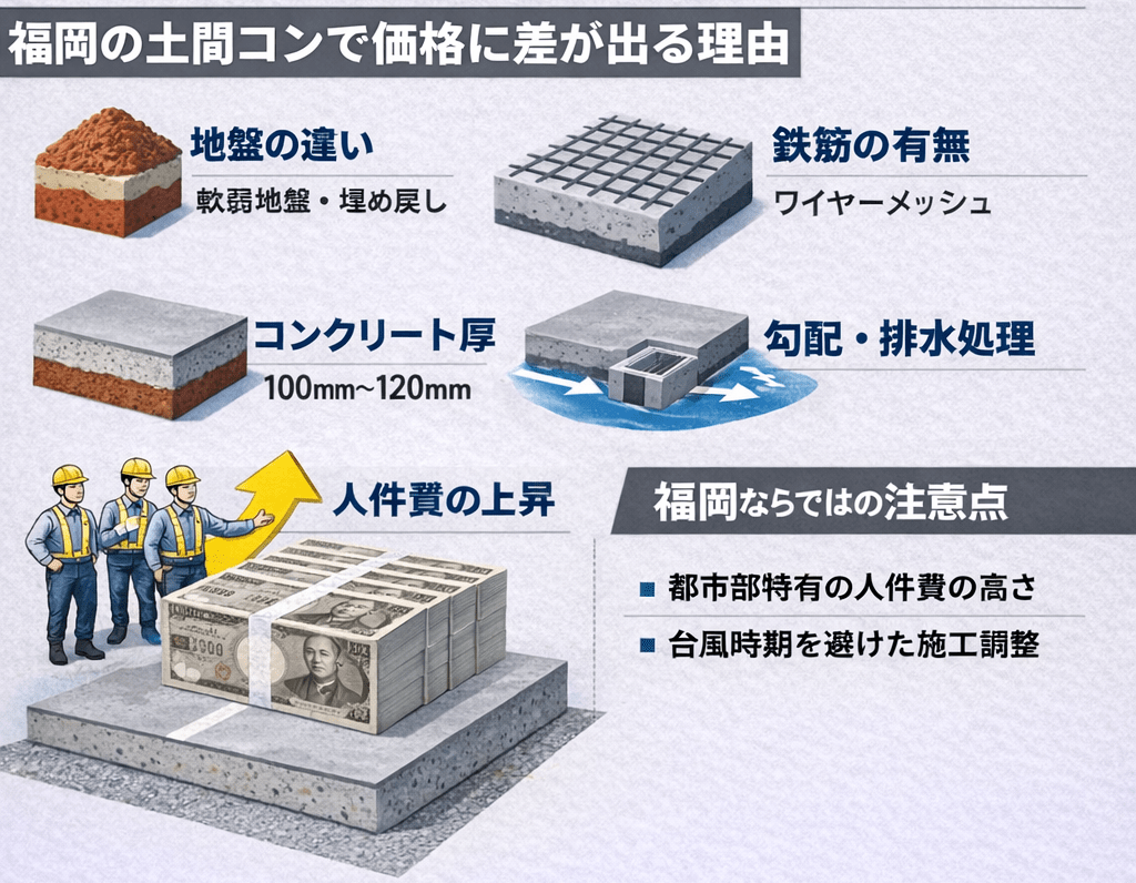 福岡では、都市部を中心とした人件費の上昇や、梅雨・台風時期を避けた施工調整、排水対策や下地補強の必要性などの影響を受けやすい
