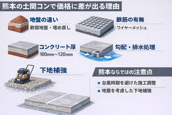 熊本では、人件費の上昇や梅雨・台風時期を避けた施工調整、地震を考慮した下地補強などの影響を受けやすい