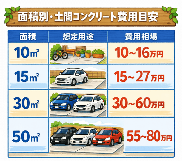 富山の土間コンクリートの面積別（10㎡／15㎡／30㎡／50㎡）の単価相場