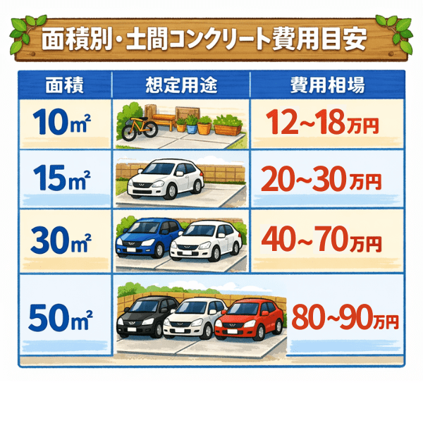 大阪の土間コンクリートの面積別（10㎡／15㎡／30㎡／50㎡）の単価相場