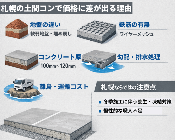 札幌では、冬季施工に伴う養生・凍結対策や、慢性的な職人不足による人件費上昇の影響を受けやすい