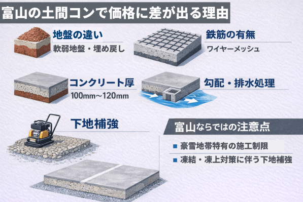 富山では、豪雪地帯特有の施工制限や凍結・凍上対策に伴う下地補強、人件費の上昇などの影響を受けやすい