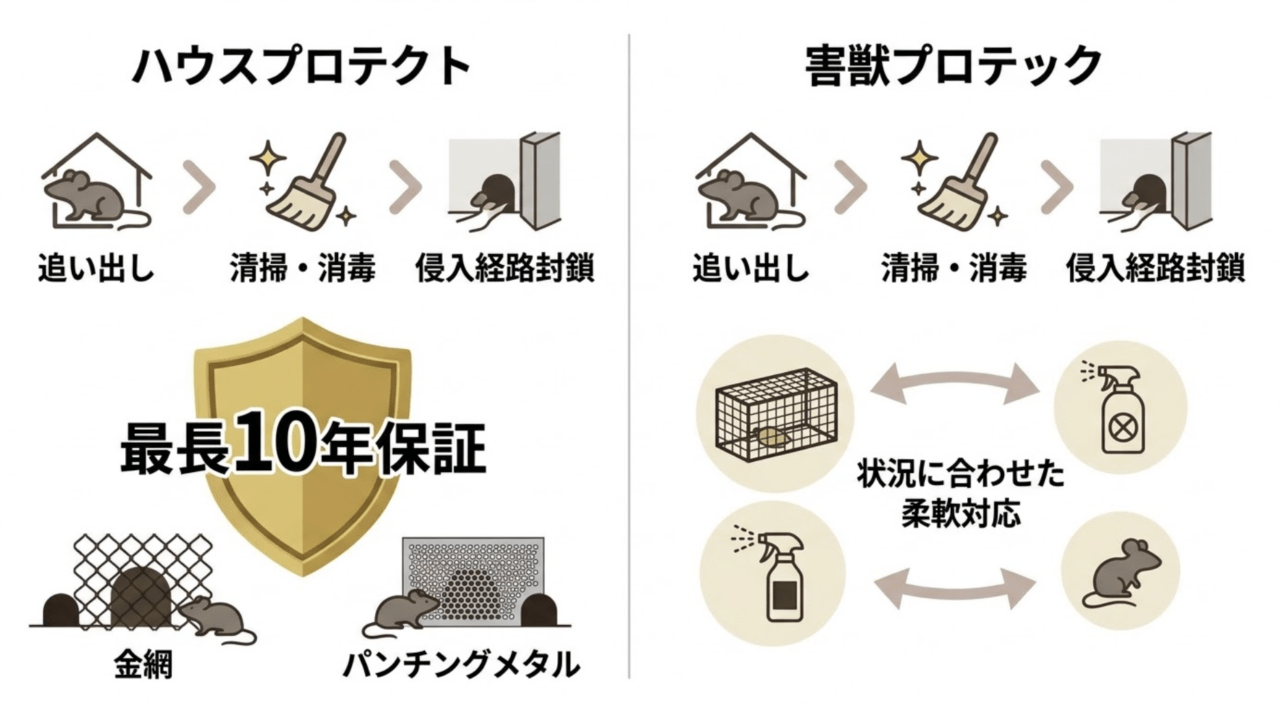 害獣プロテックとハウスプロテクト駆除方法から保証期間まで！サービス内容の差をチェック