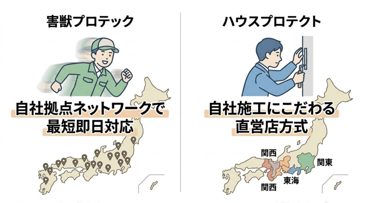 害獣プロテックとハウスプロテクト当日対応、即日対応ですぐ来てくれる？対応スピードとエリアの違い
